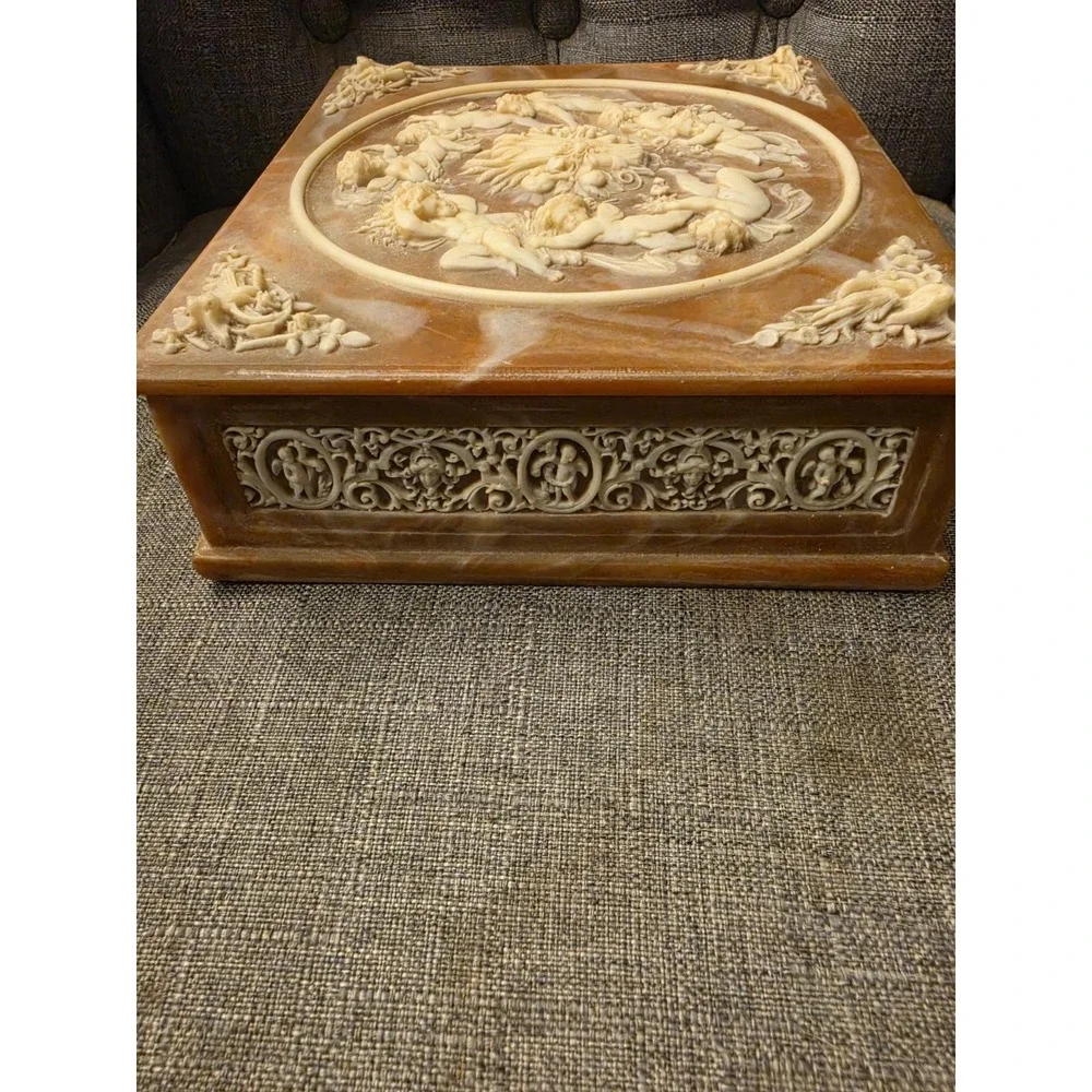 Vintage Incolay Stone Composite Jewelry Box With Tray Cherub Angels & Floral 7